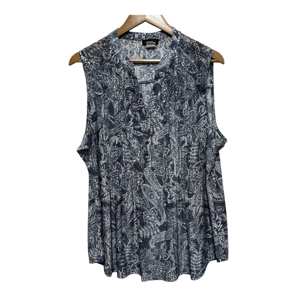 Cocomo Woman Blouse XL Blue Lace Animal Print Sleeveless Stretch Knit Tunic Top